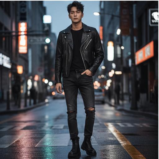 블랙 가죽 재킷과 부츠: 시크 스트릿룩