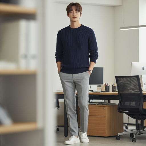 네이비 니트: 차분하고 캐주얼한 오피스룩