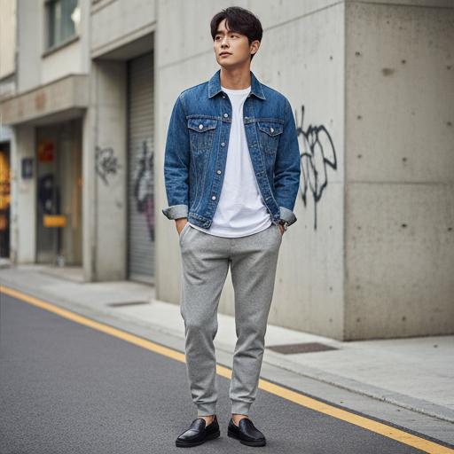 데님 재킷과 검정 슬립온: 캐주얼 시크 스타일