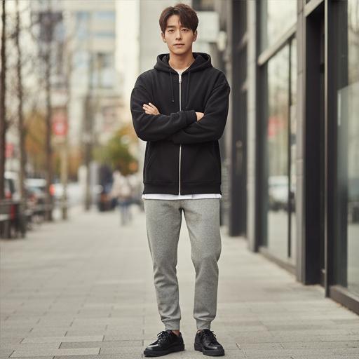 블랙 후드 집업과 레더 스니커즈: 스트릿 감성 룩