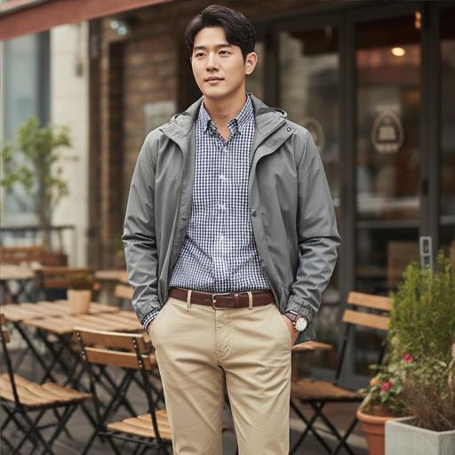 베이지 치노 팬츠: 부드러운 데이트룩