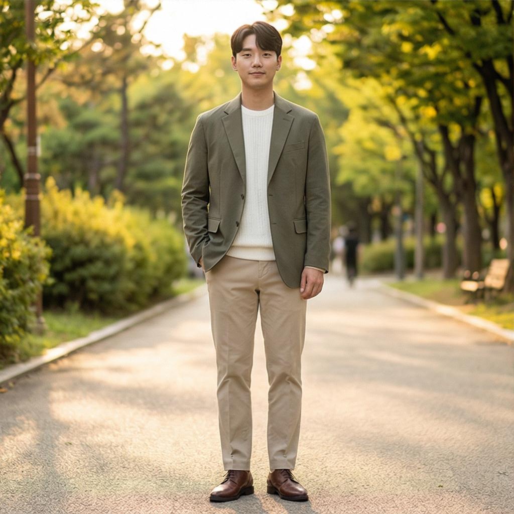 베이지색 치노 팬츠: 부드러운 인상의 데이트 룩