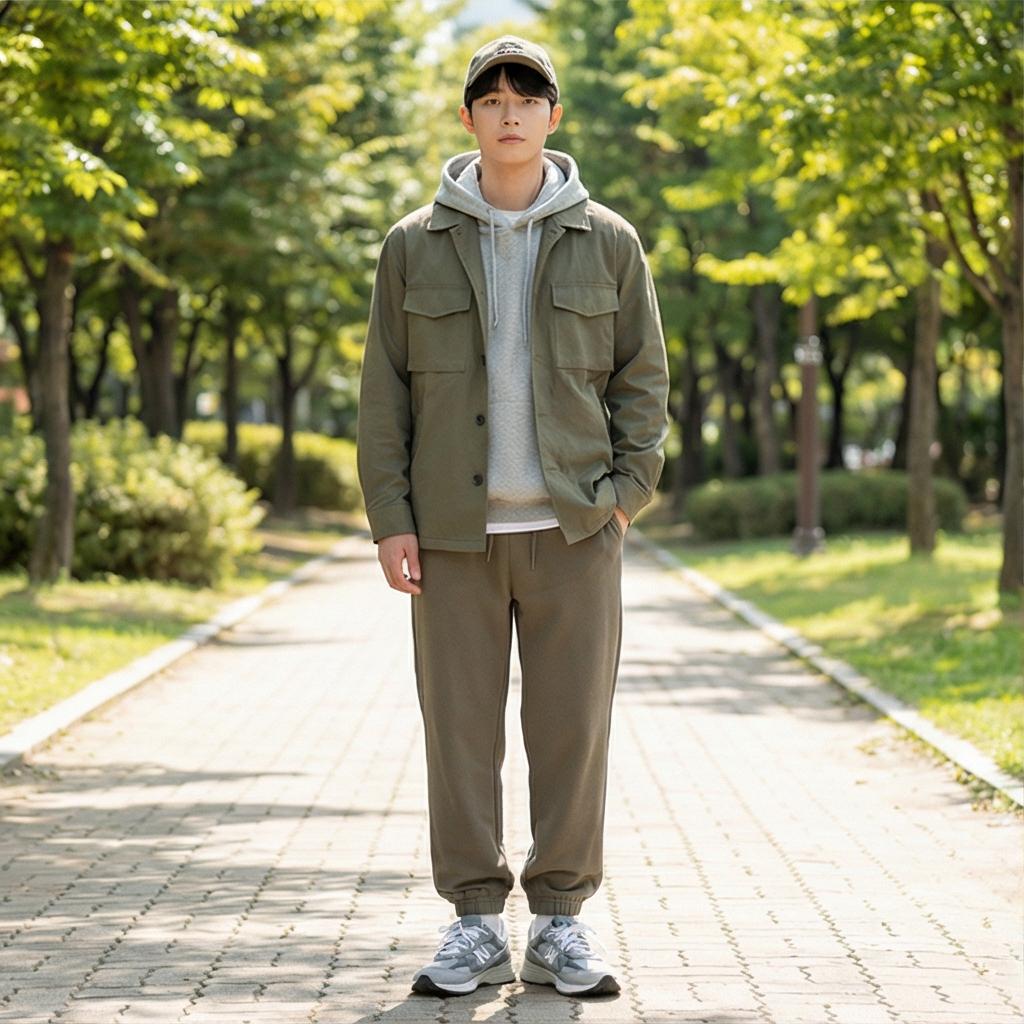 회색 후드티와 조거 팬츠: 활동적인 근교 나들이 룩