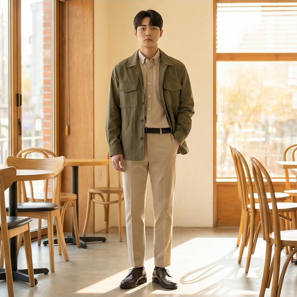 베이지색 치노 팬츠와 셔츠: 부드러운 분위기