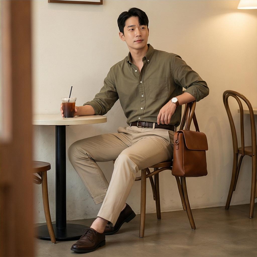 베이지 치노 팬츠: 부드러운 분위기