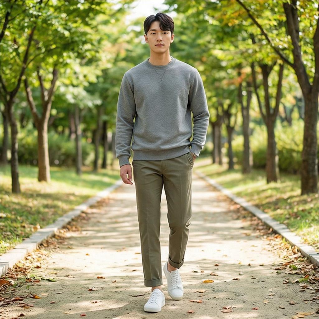 회색 맨투맨: 편안한 주말 나들이 스타일