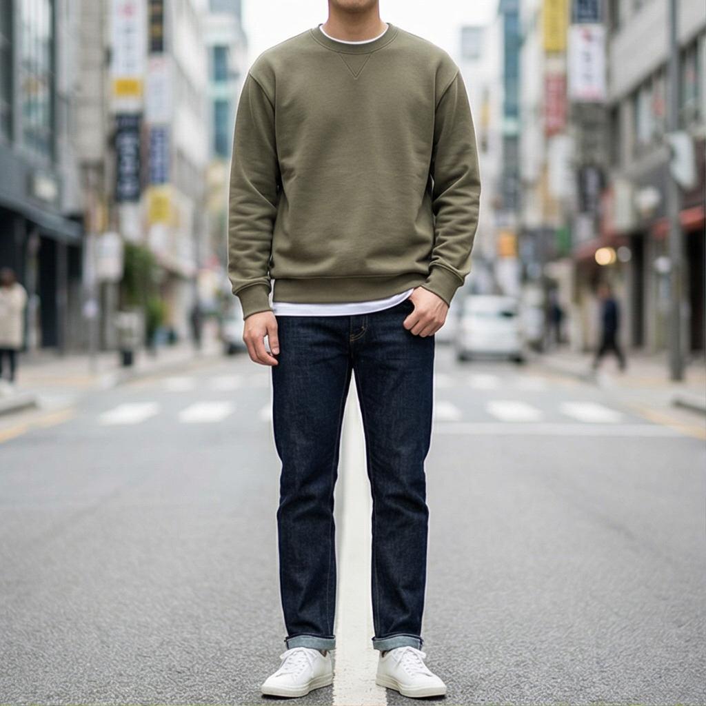 진청 데님 팬츠: 안정감 있는 데일리룩