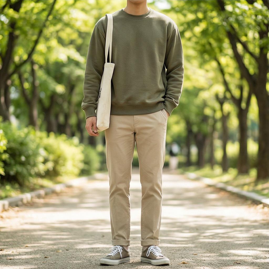 베이지 치노 팬츠: 부드러운 나들이 룩