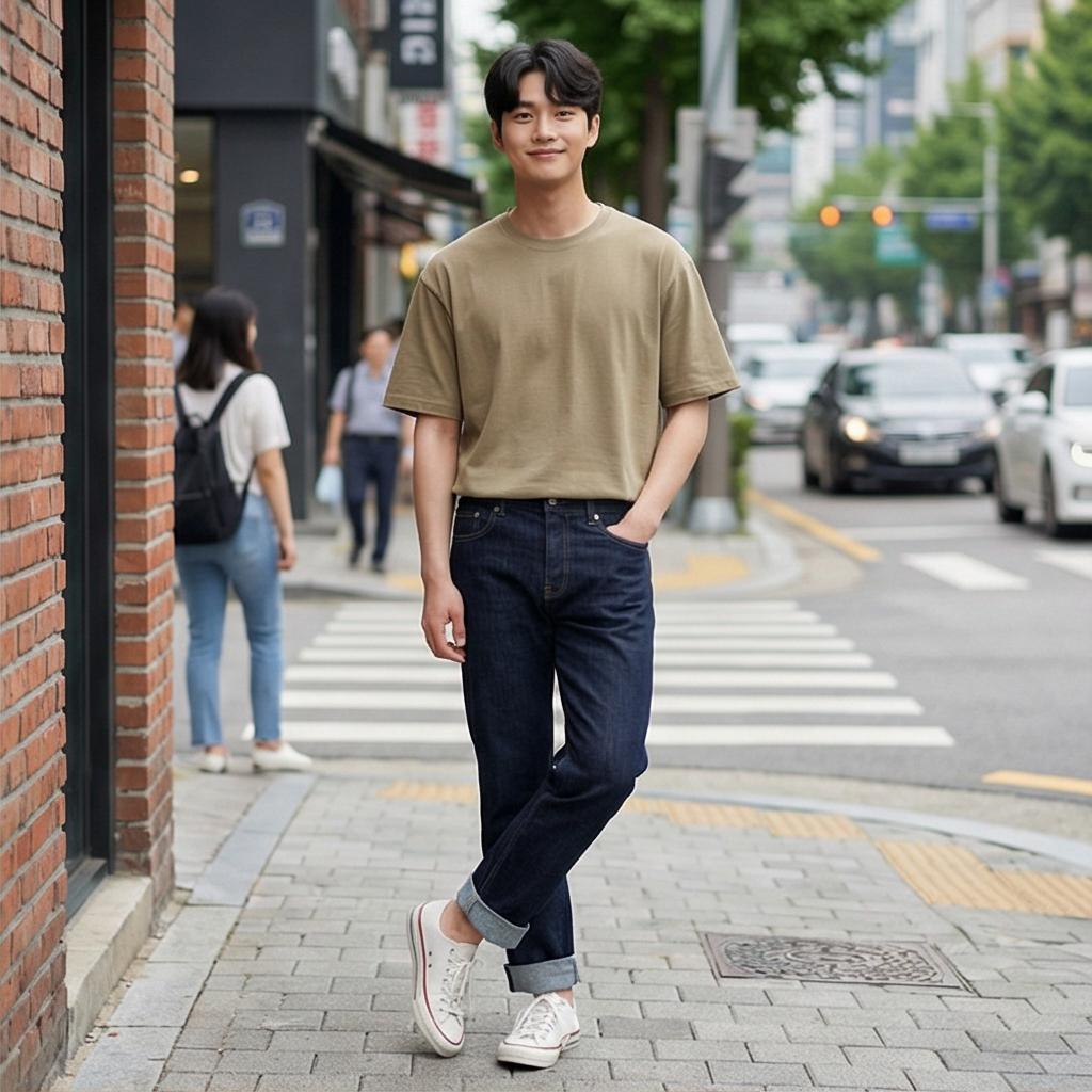 진청 데님 팬츠: 활동적인 주말 나들이 룩