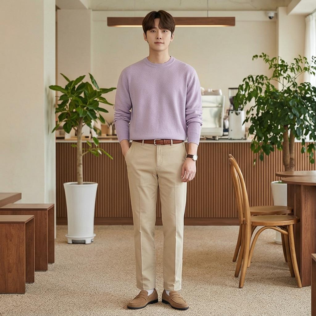 베이지 치노 팬츠: 부드러운 분위기