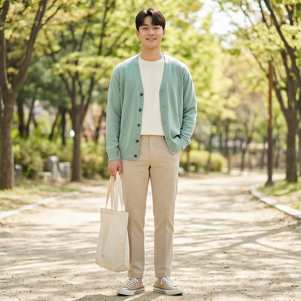 베이지 치노 팬츠 & 아이보리 이너: 부드러운 주말 나들이 룩