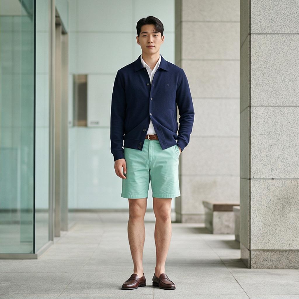 네이비 피케 자켓: 단정한 비즈니스 캐주얼 룩