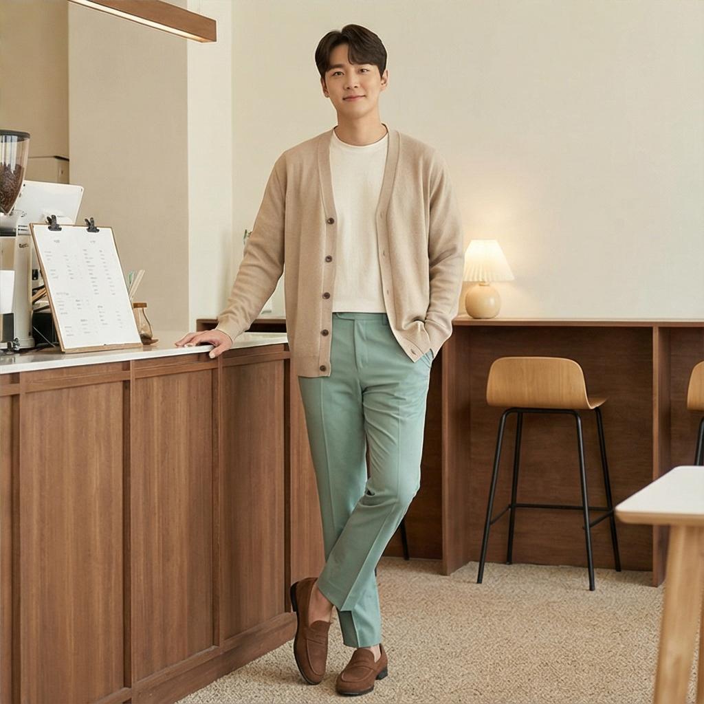 베이지색 가디건: 부드러운 인상의 데이트 스타일