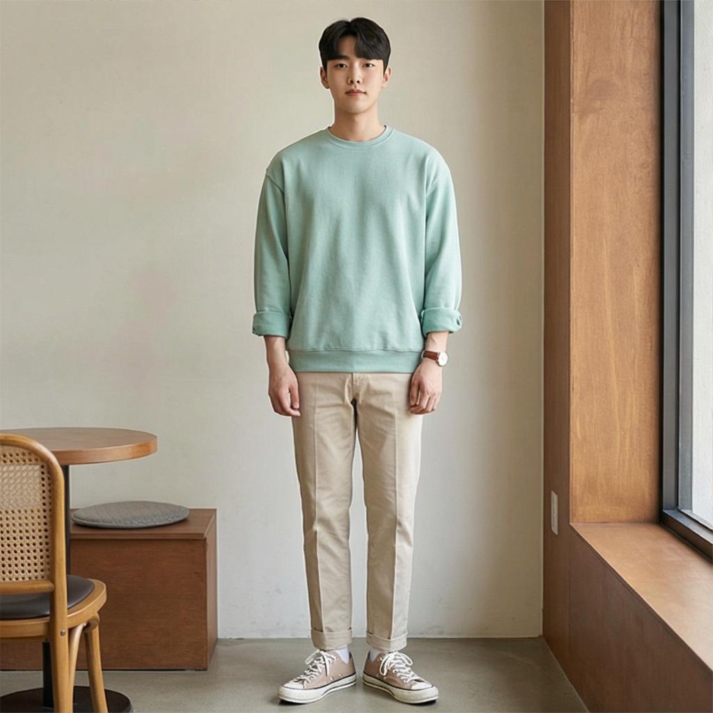 베이지 치노 팬츠: 따뜻한 인상의 데이트룩