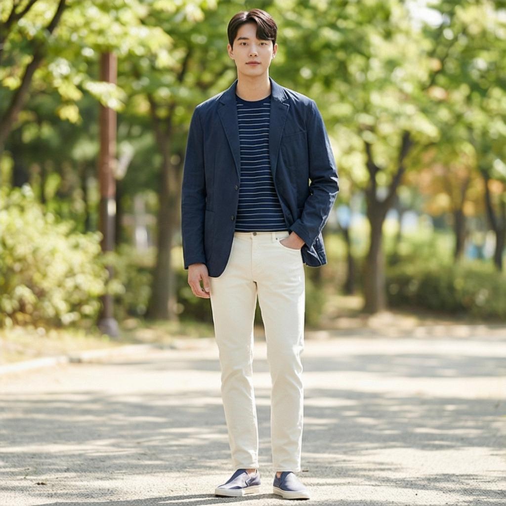 스트라이프 티셔츠 & 화이트 팬츠: 경쾌한 근교 나들이 룩