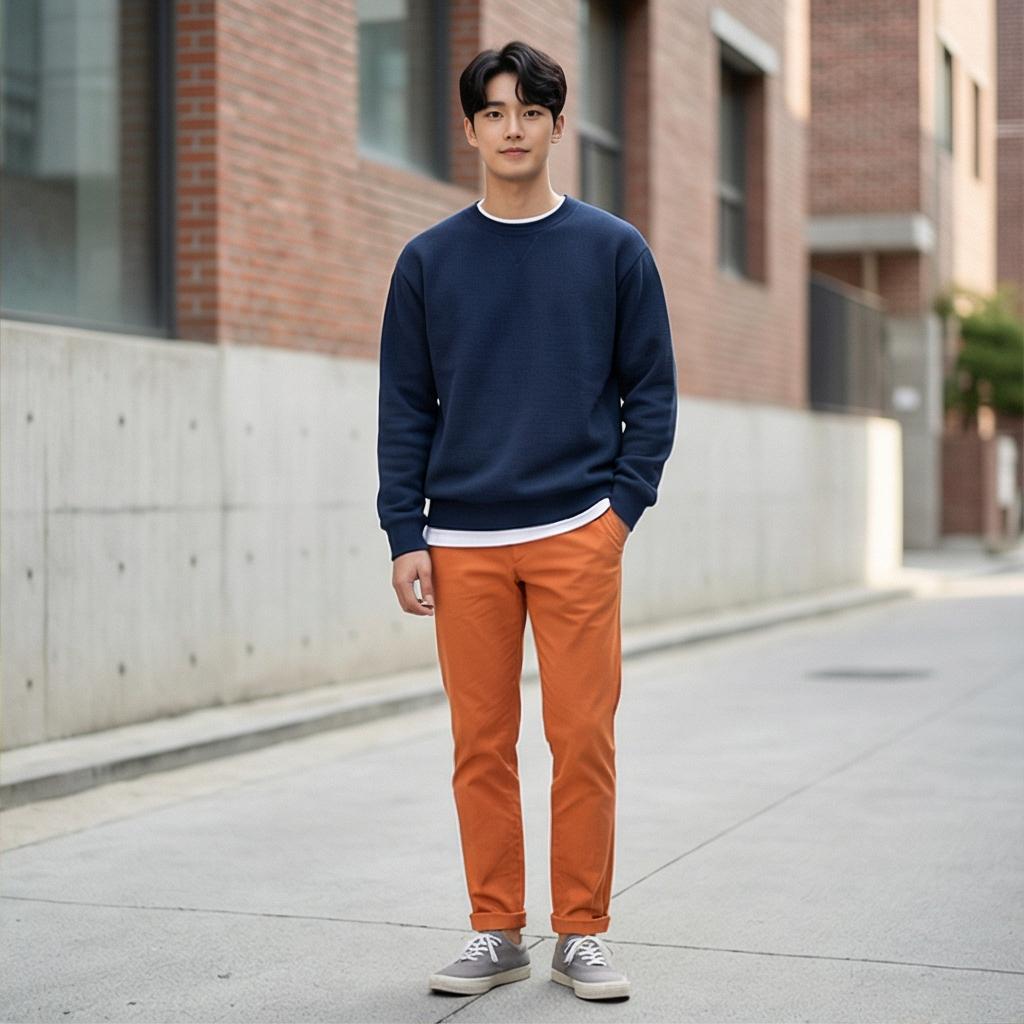 네이비 맨투맨 또는 니트: 차분한 캠퍼스 룩