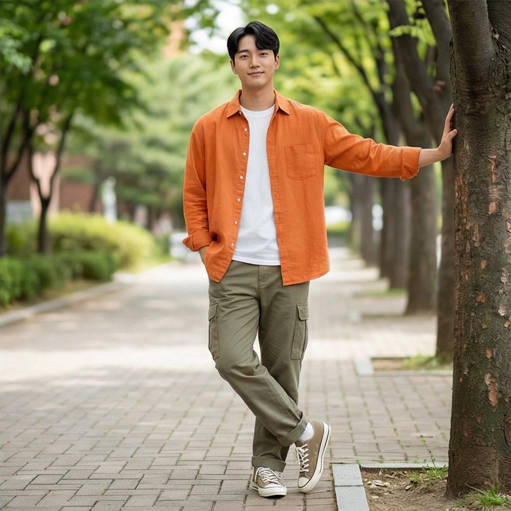 카키색 카고 팬츠: 편안한 분위기