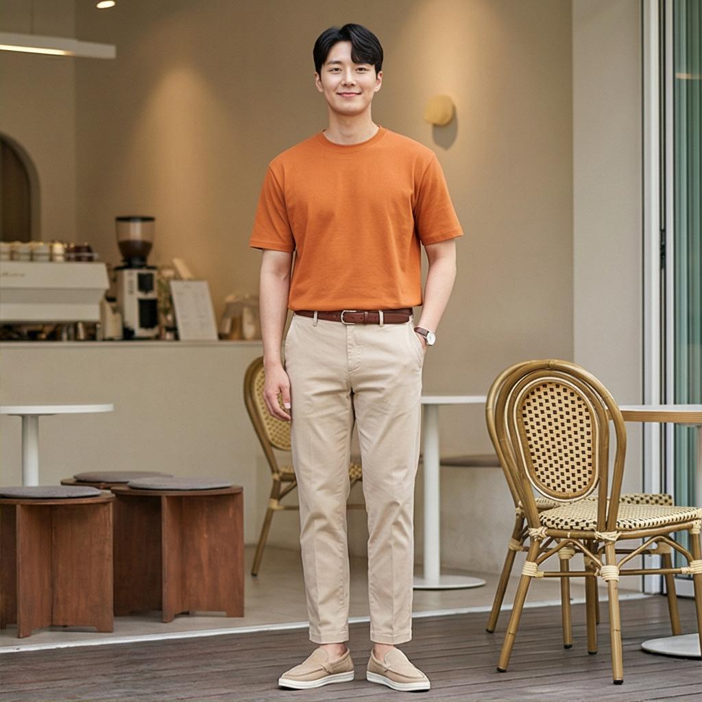 베이지 치노 팬츠: 부드러운 인상의 데이트 스타일
