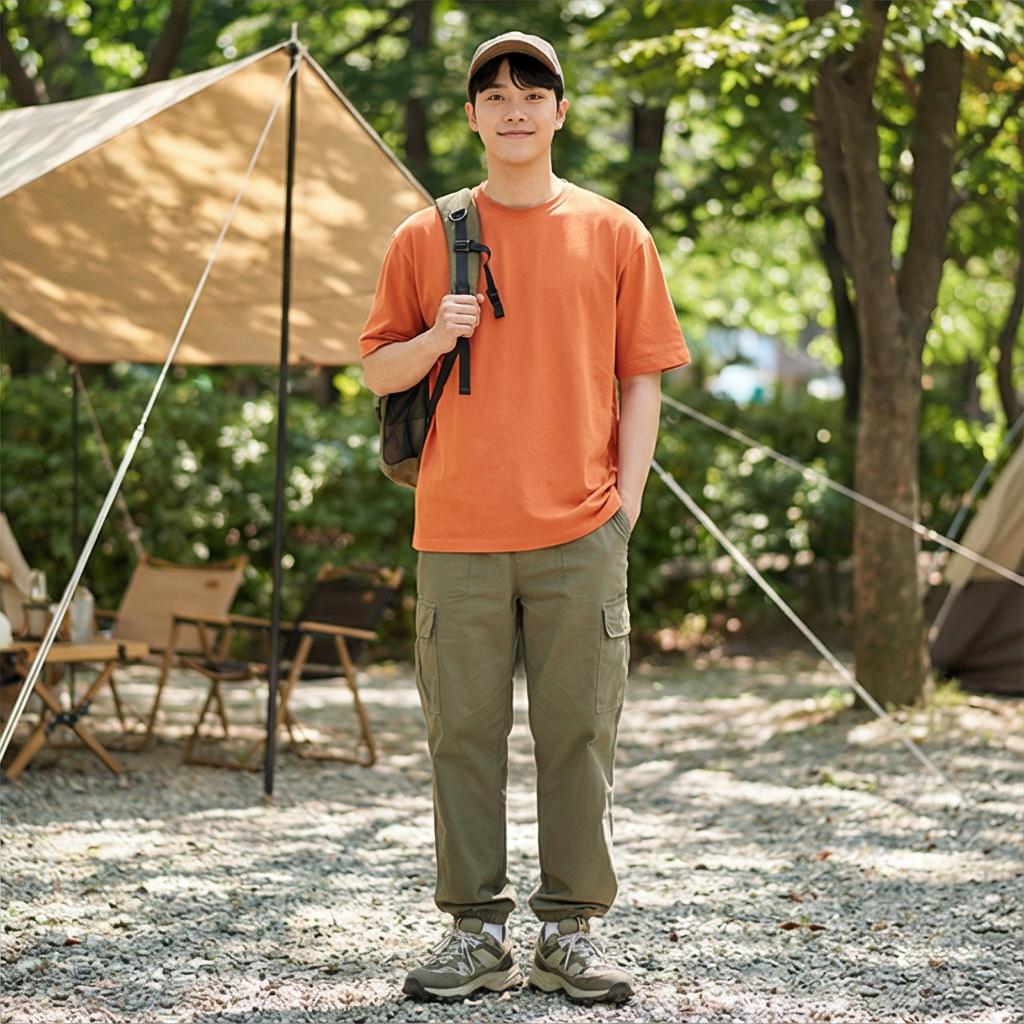 카키색 카고 팬츠: 활동적인 캠핑 및 바캉스 스타일