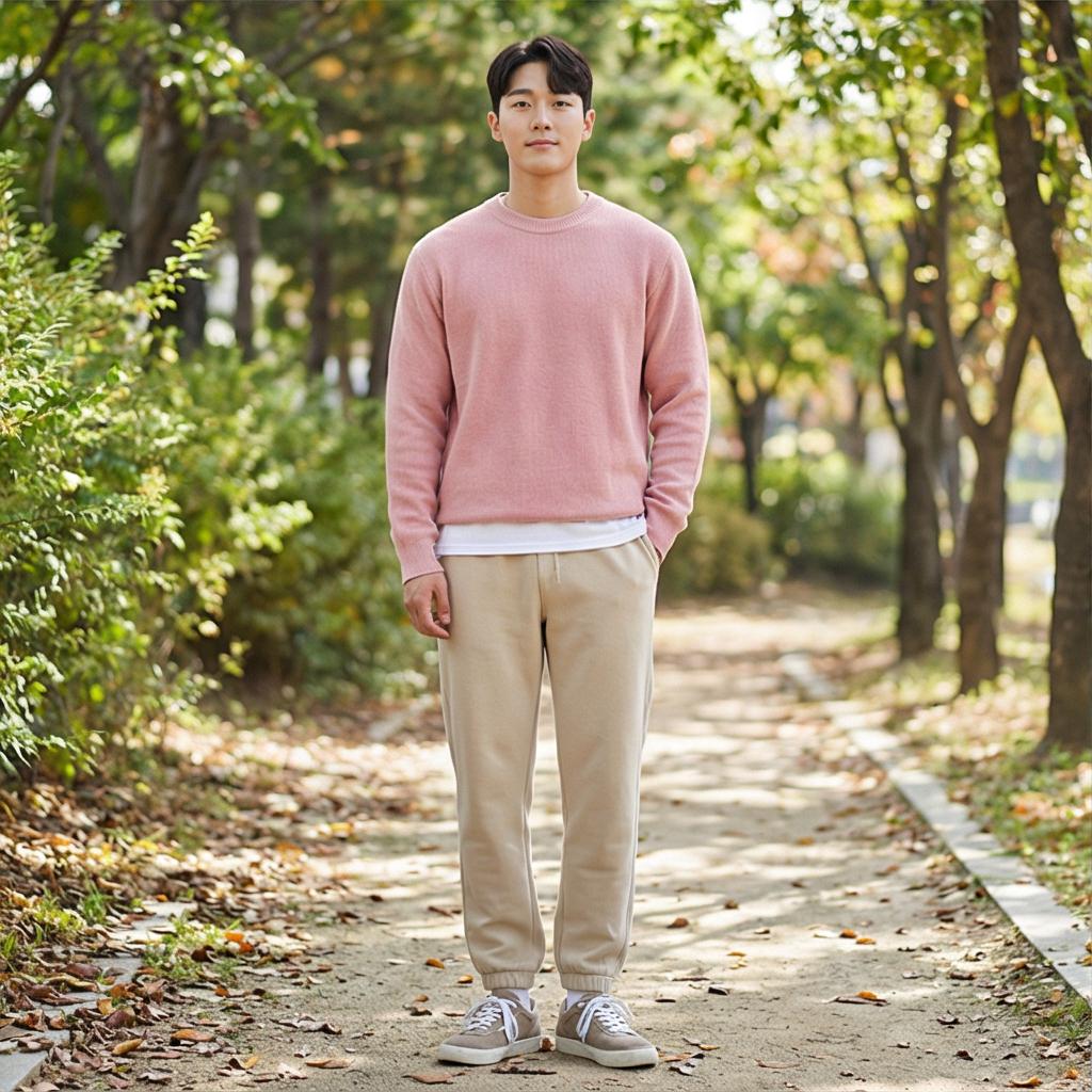 베이지 치노 팬츠: 부드러운 데이트 룩