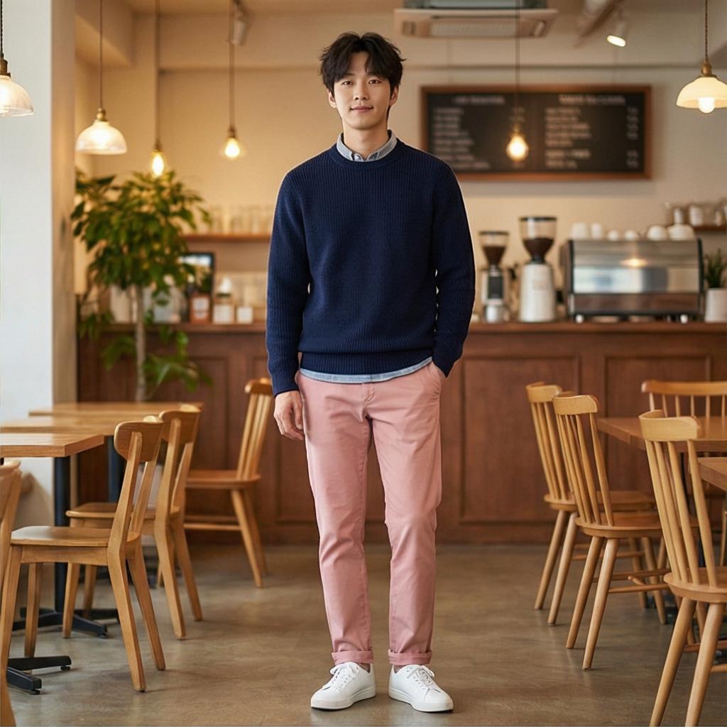 네이비 니트와 티셔츠: 차분한 데이트 스타일