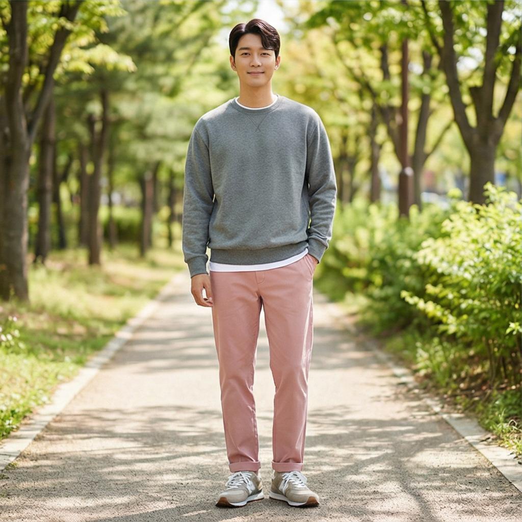 회색 맨투맨: 편안한 주말 나들이 스타일