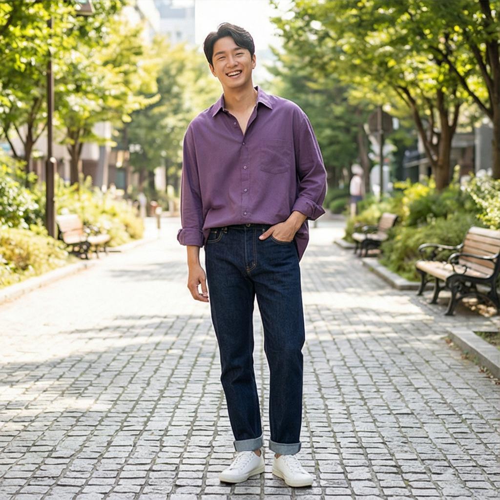 진청 데님 팬츠: 활동적인 주말 나들이 스타일