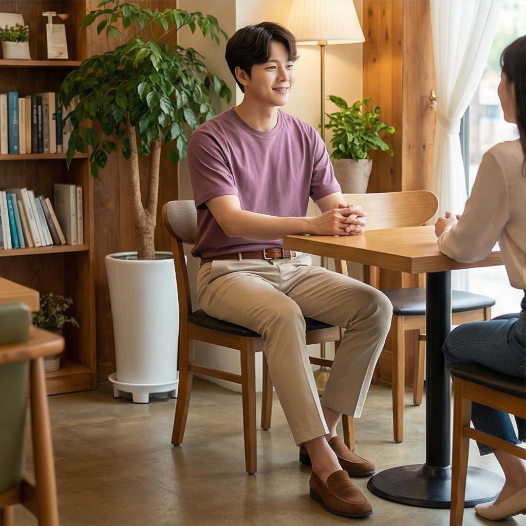 베이지 치노 팬츠: 부드러운 인상의 데이트 룩