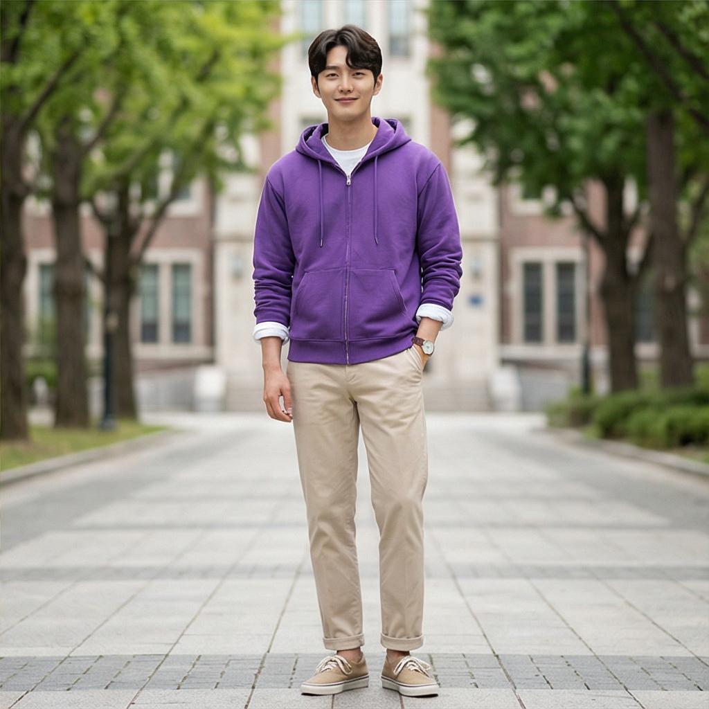 베이지색 면바지: 부드러운 이미지의 캠퍼스 룩
