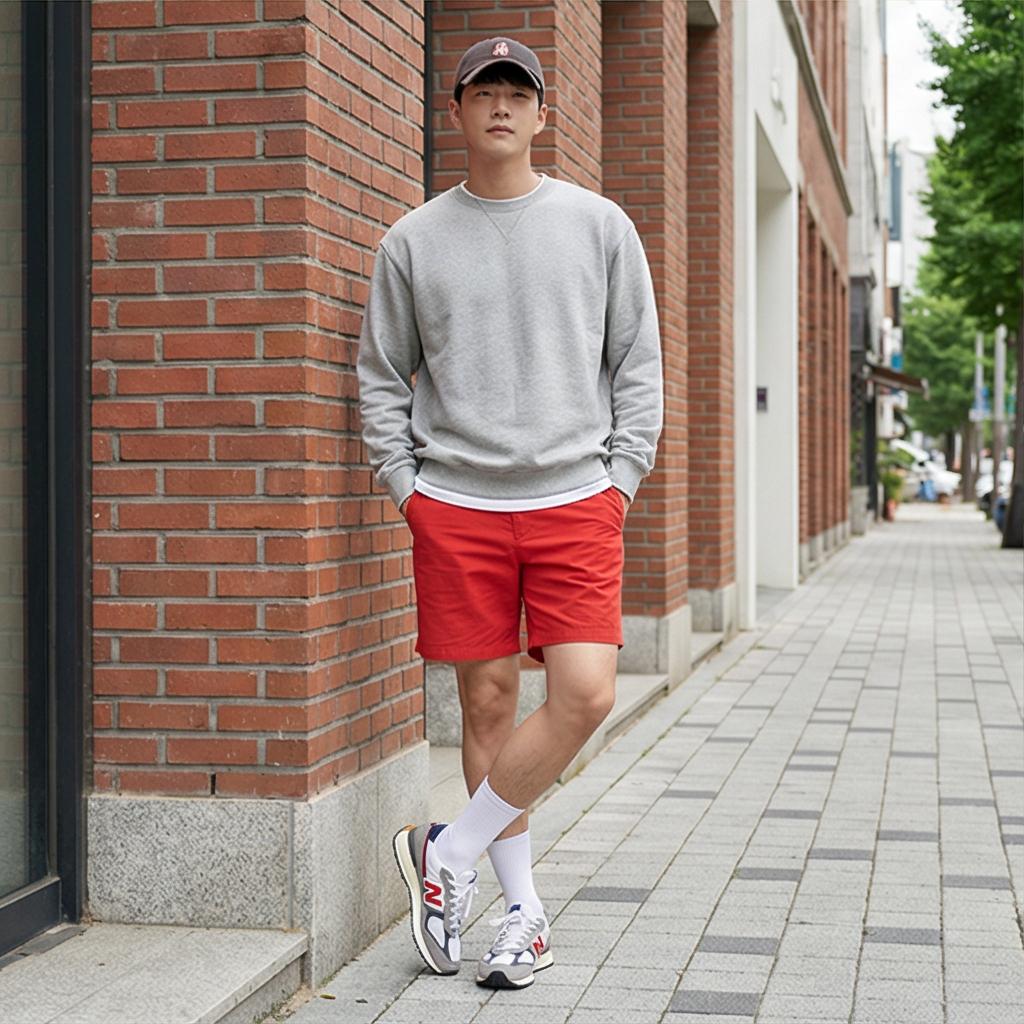 회색 맨투맨: 활동적인 나들이 룩