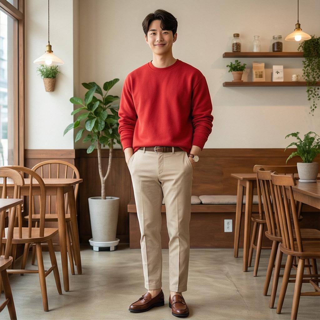 베이지 치노 팬츠: 부드러운 분위기의 캠퍼스 룩