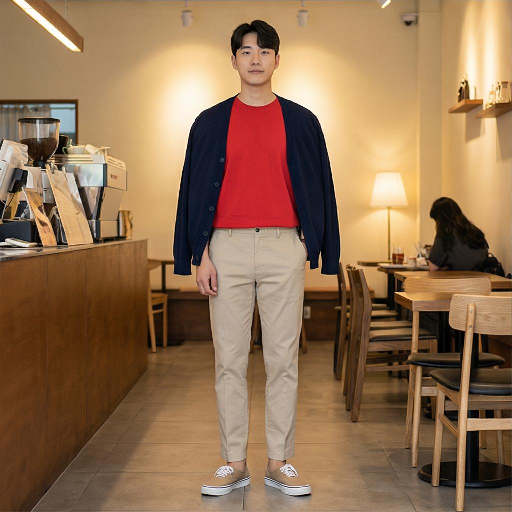 베이지 치노 팬츠: 부드러운 인상의 데이트 룩