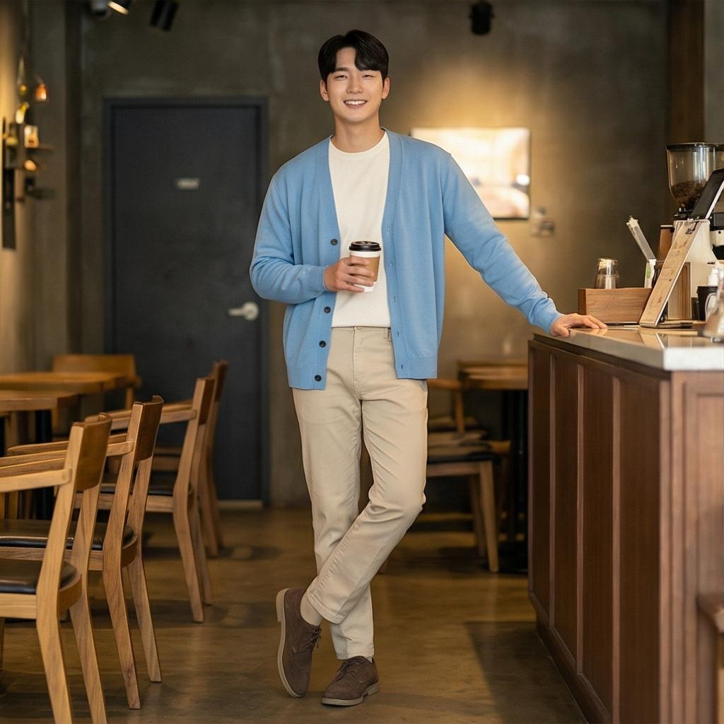 베이지 치노 팬츠: 부드러운 주말 데이트 룩