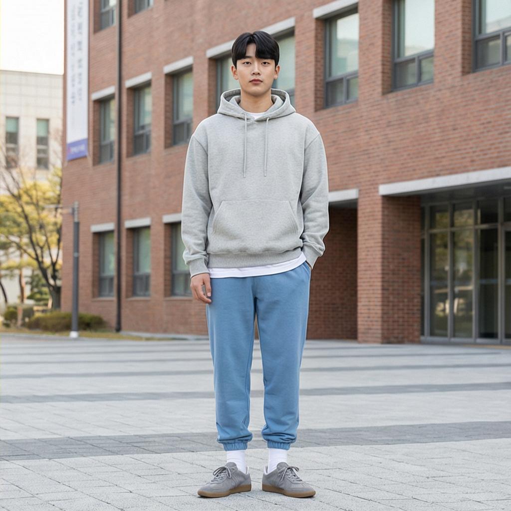 회색 후드티: 편안한 캠퍼스 룩