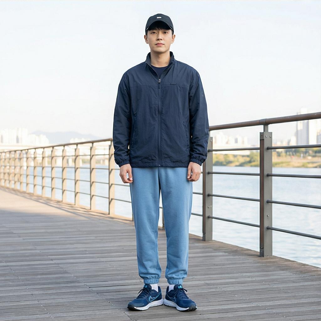 네이비 바람막이: 활동적인 나들이 스타일