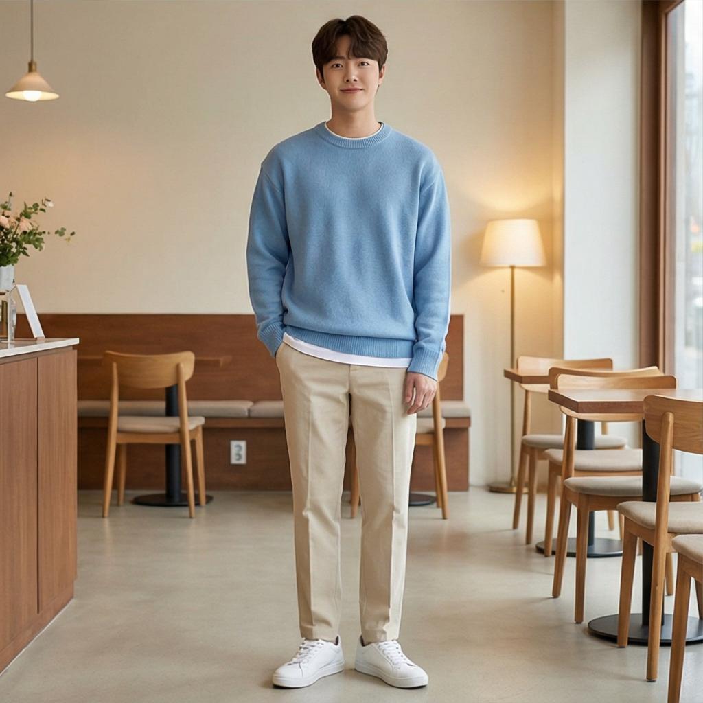 흰색 티셔츠 레이어드 & 면바지: 부드러운 인상의 소개팅 룩