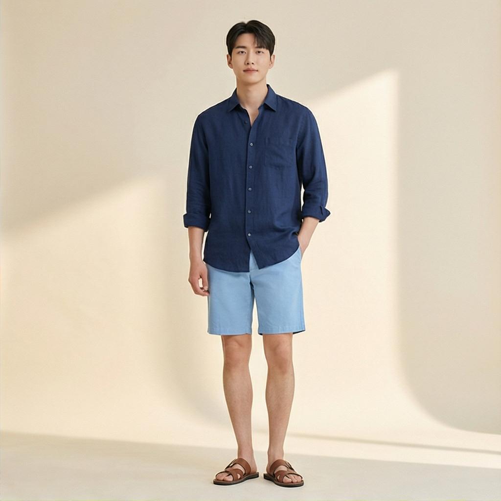 네이비 리넨 셔츠: 세련된 톤온톤 스타일
