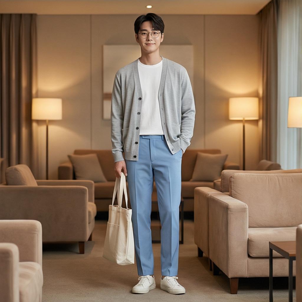 연그레이 카디건과 자켓: 부드러운 분위기