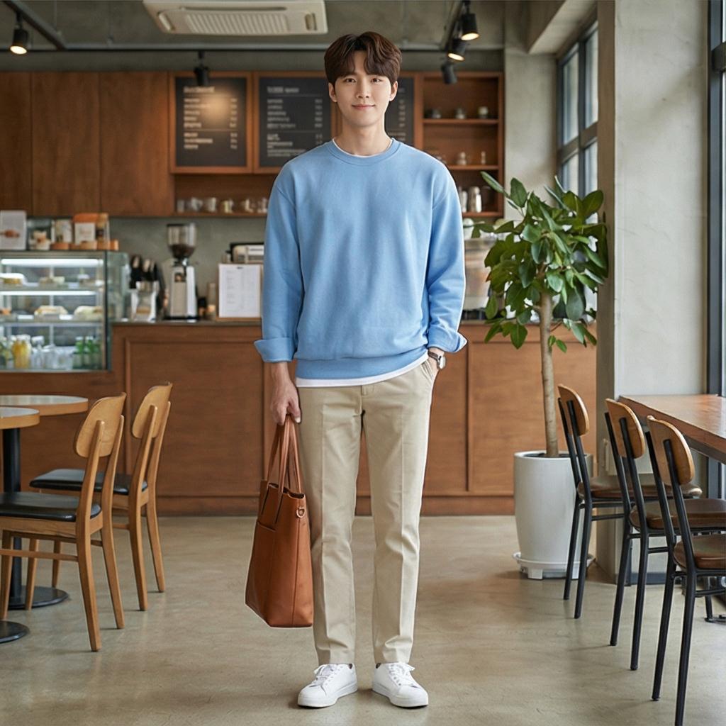 베이지 치노 팬츠: 부드러운 인상을 주는 데이트룩