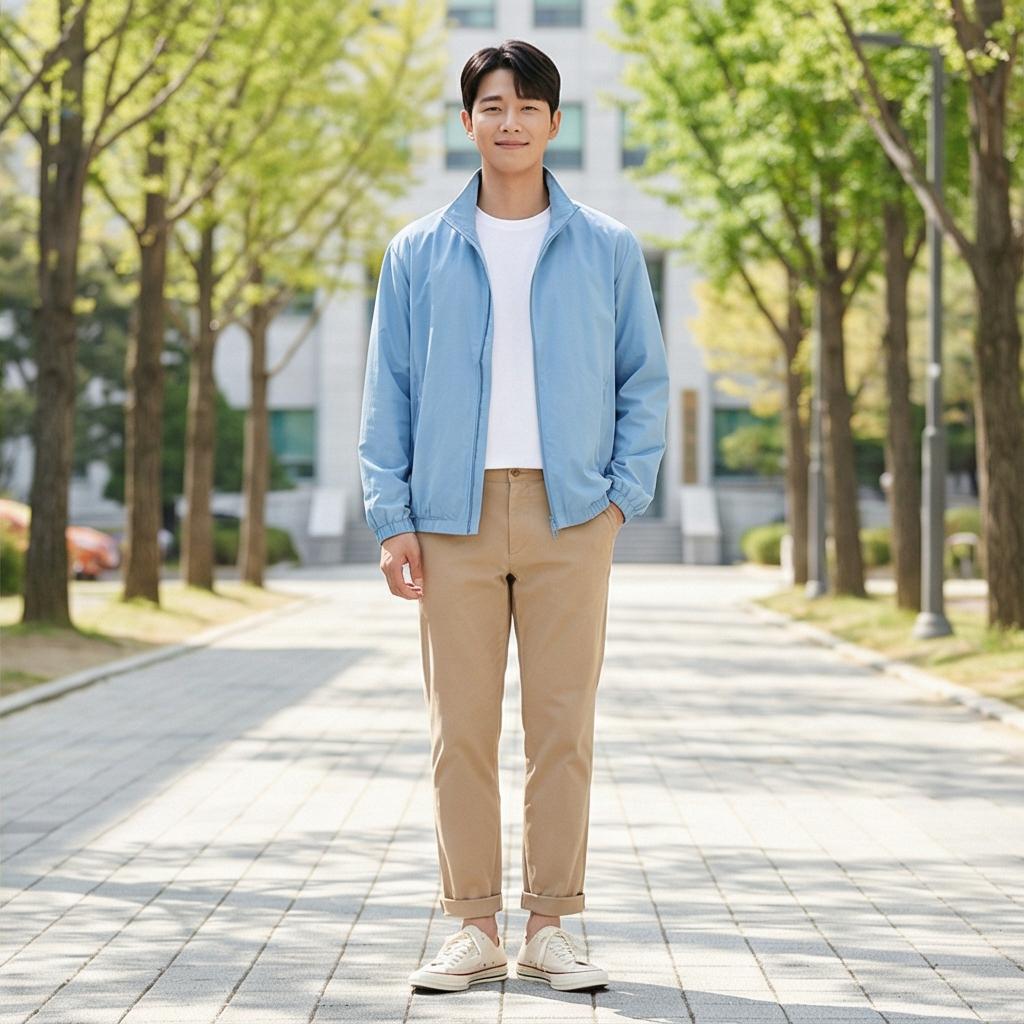 베이지 치노 팬츠: 단정한 캠퍼스 룩