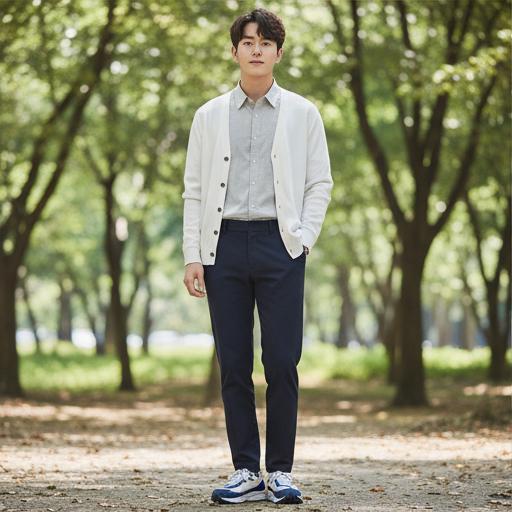 다크 네이비 슬랙스와 컬러 포인트 스니커즈: 세련된 출근룩