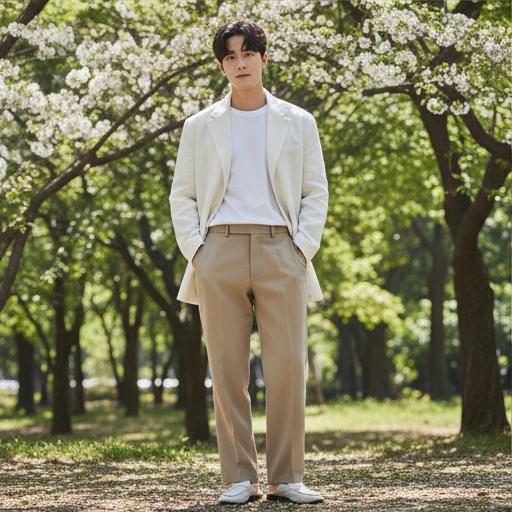 기본 흰 티셔츠와 베이지색 와이드팬츠: 미니멀룩