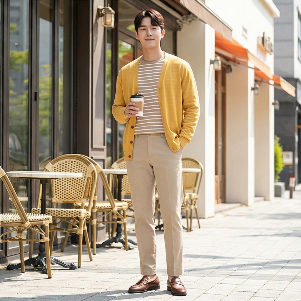 스트라이프 티셔츠 & 면바지: 편안한 나들이 스타일