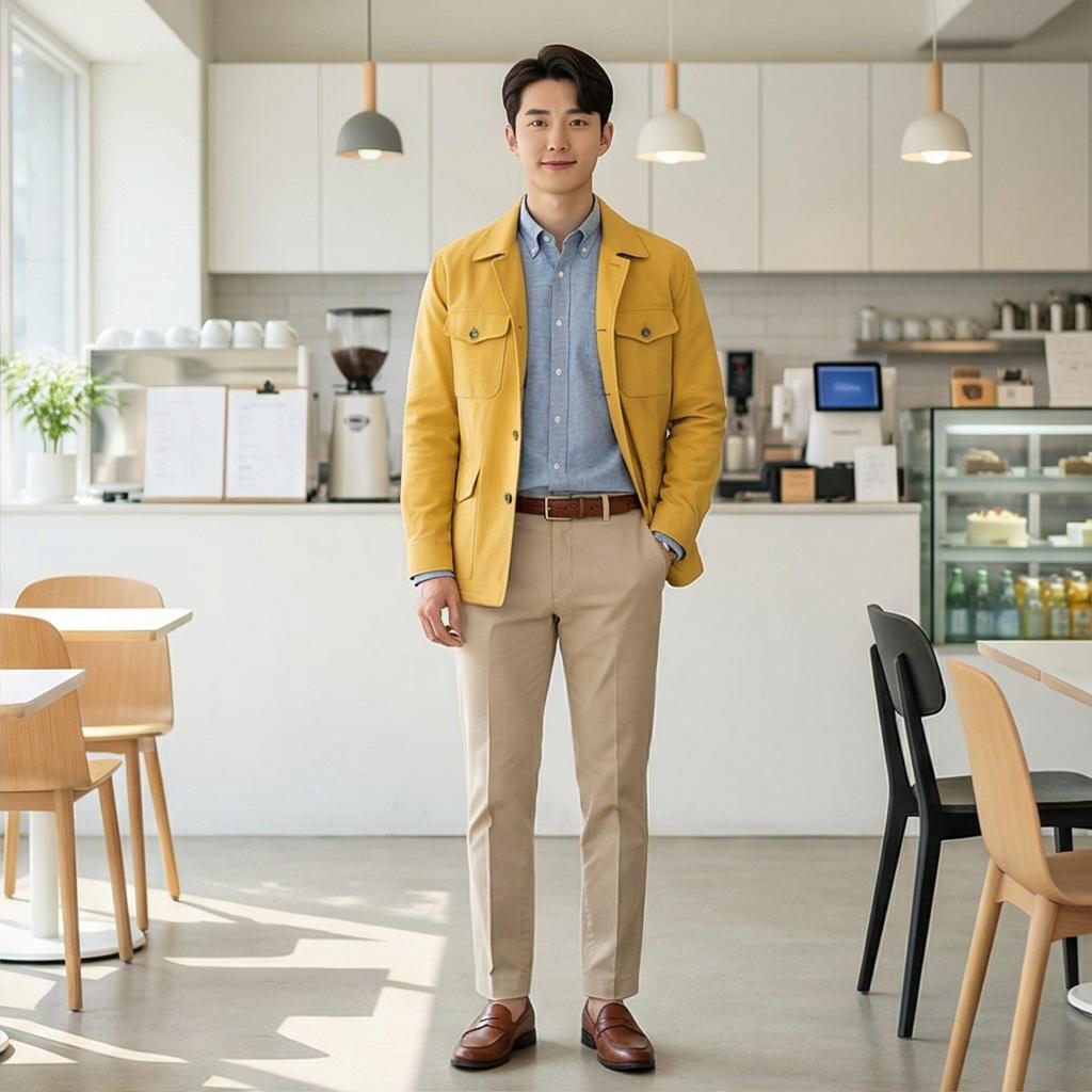 베이지 치노 팬츠와 셔츠: 부드러운 인상의 비즈니스 캐주얼 룩