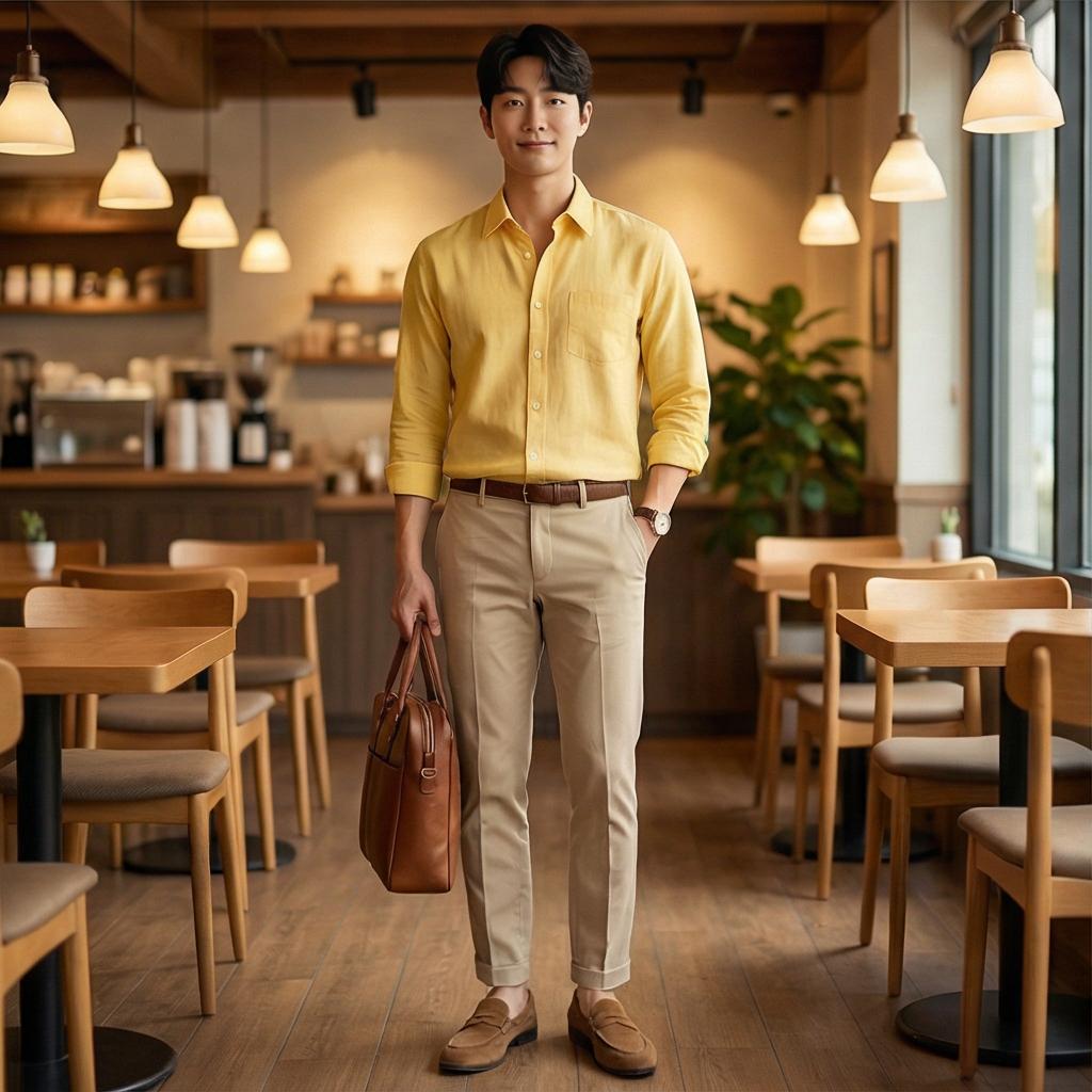 베이지 치노 팬츠: 부드러운 인상의 데이트룩