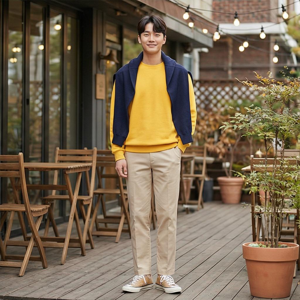 베이지 면바지: 부드러운 인상의 데이트 룩