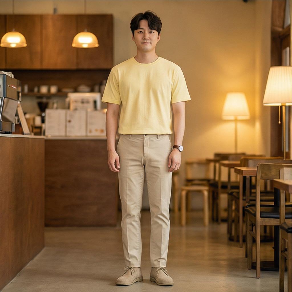 베이지 치노 팬츠: 부드러운 인상의 데이트 룩