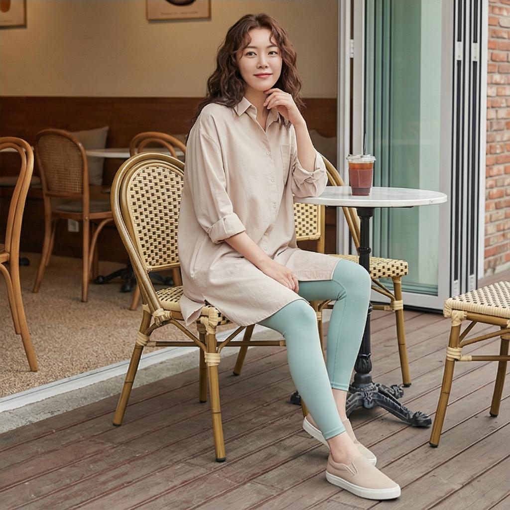 롱 베이지 셔츠: 차분한 마실 룩