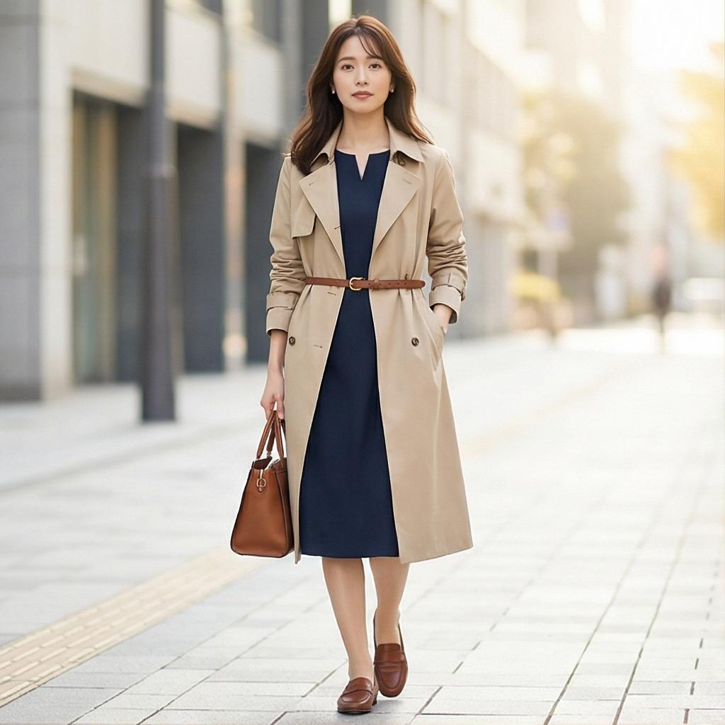 베이지 트렌치코트: 단정한 출근룩