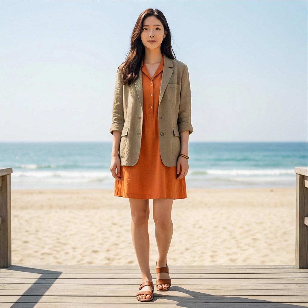 린넨 자켓 & 샌들: 시원한 여름 휴양지 룩